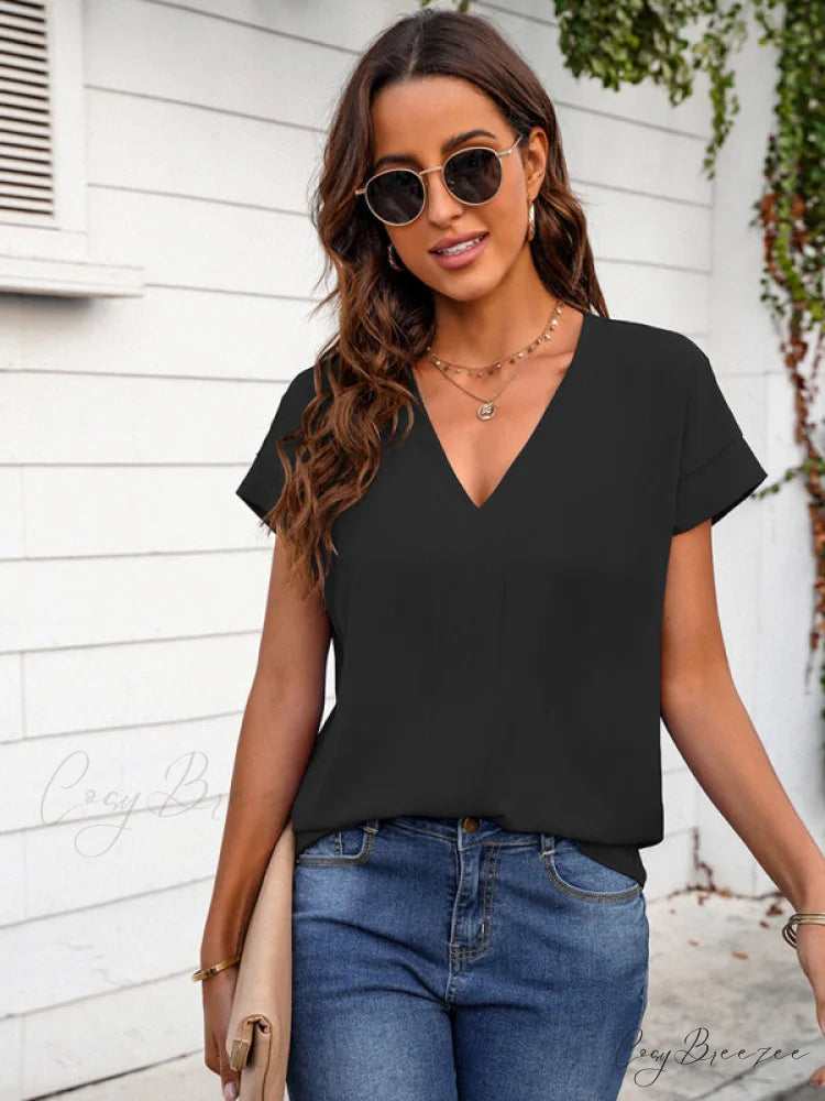 V-neck Solid sleeve T-shirt for short women