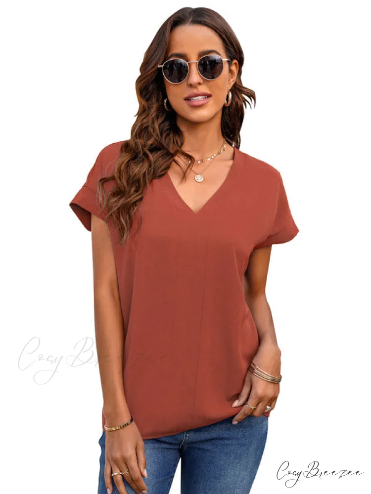 V-neck Solid sleeve T-shirt for short women