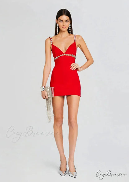 V-Neck Spaghetti Strap Mini Party Dress Red / XS