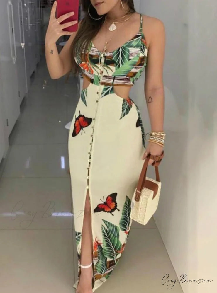 V-Neck Spaghetti Strap Tropical Print Cutout Dress for Women