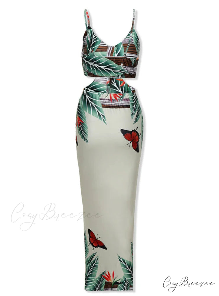 V-Neck Spaghetti Strap Tropical Print Cutout Dress for Women