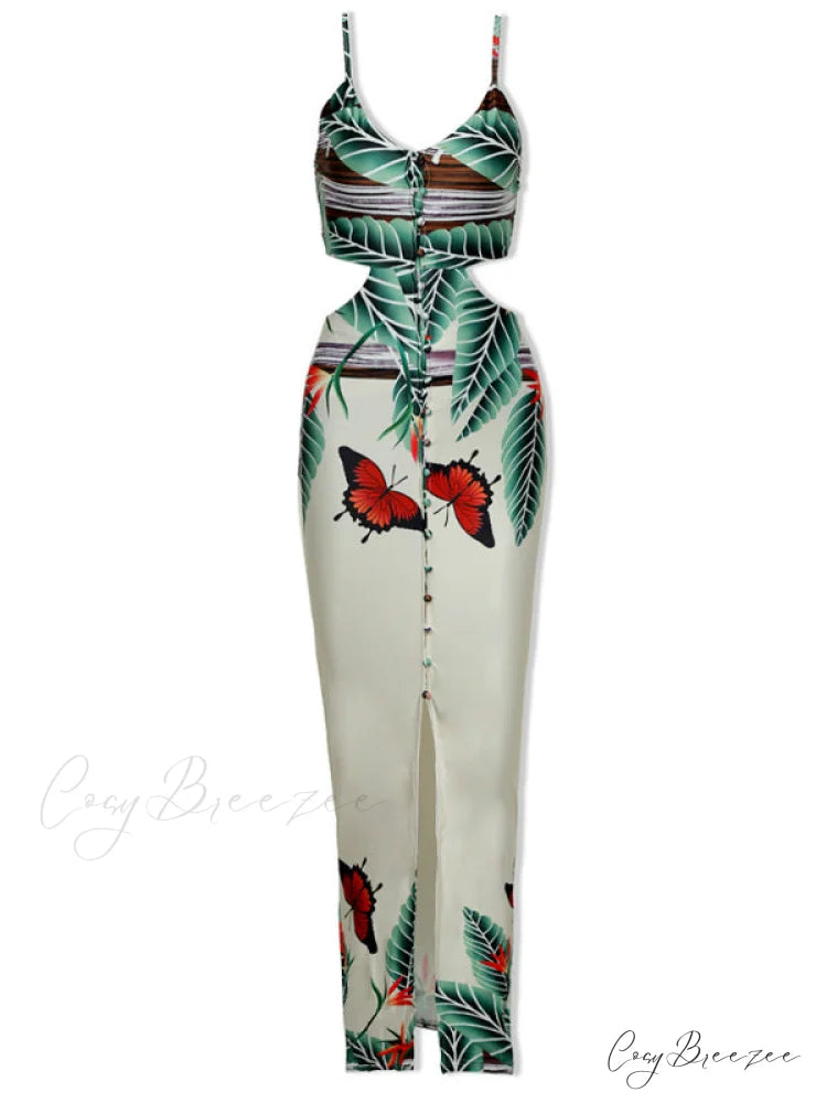 V-Neck Spaghetti Strap Tropical Print Cutout Dress for Women