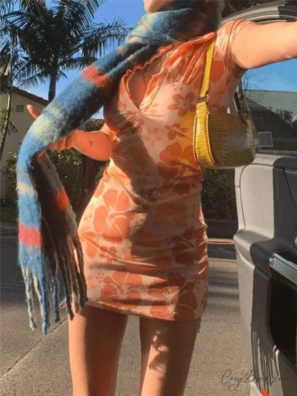 V-Neck Stitched Pattern Mini Dress Orange / S minidress-250223
