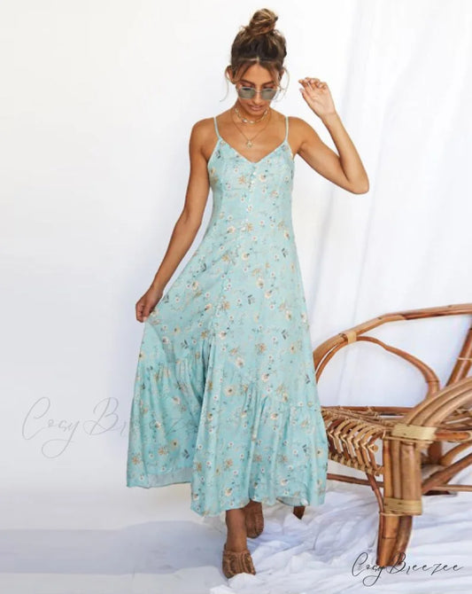 V Neck Strap Buttons Beach Sundress Casual Print Long Dress Vintage Party Dress