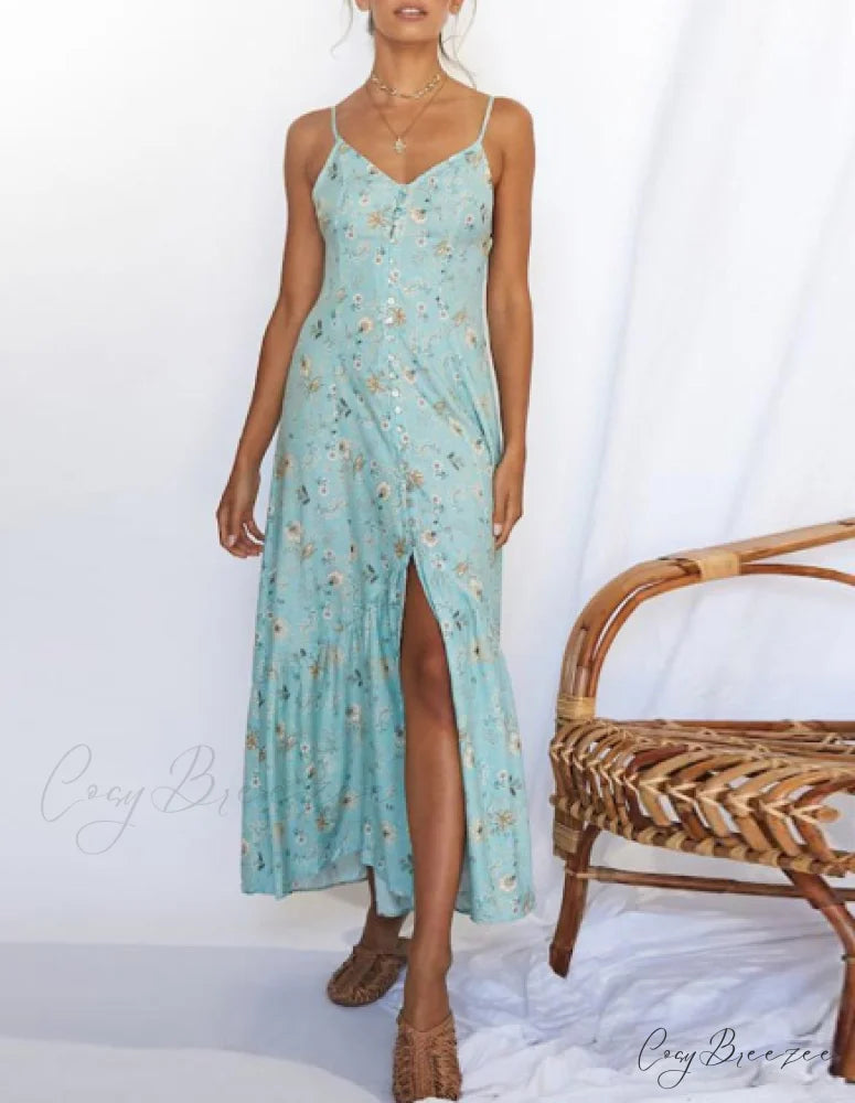 V Neck Strap Buttons Beach Sundress Casual Print Long Dress Vintage Party Dress