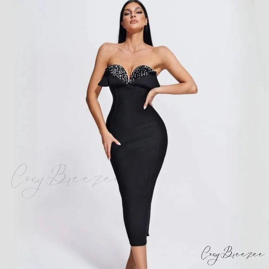 V-Neck Strapless Black Party Dress