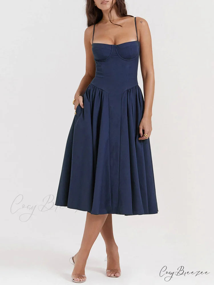 V-Neck Strapless Stylish Midi Dress Navy Blue / XS