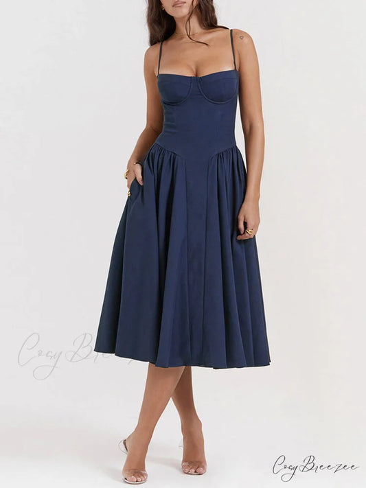 V-Neck Strapless Stylish Midi Dress Navy Blue / XS