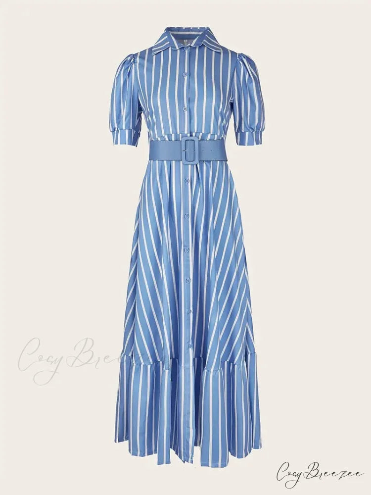 V-neck Striped Lace Up Long Dress