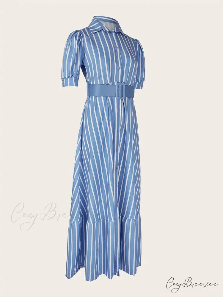 V-neck Striped Lace Up Long Dress