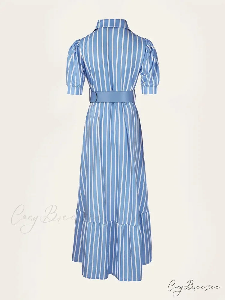 V-neck Striped Lace Up Long Dress