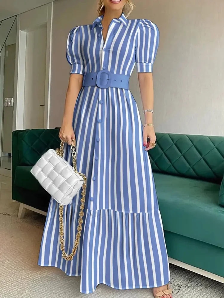 V-neck Striped Lace Up Long Dress