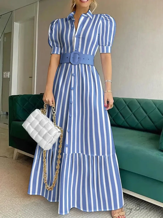 V-neck Striped Lace Up Long Dress