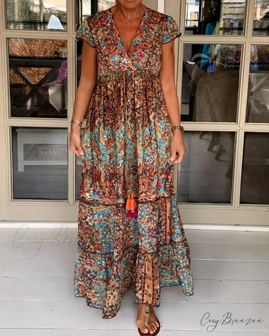 V-neck summer dress with print Multicolored / S