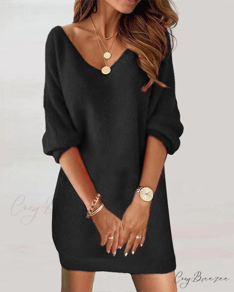 V-neck Sweater Dress Black / S