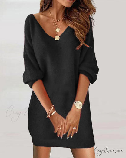V-neck Sweater Dress Black / S