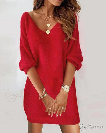 V-neck Sweater Dress Red / S