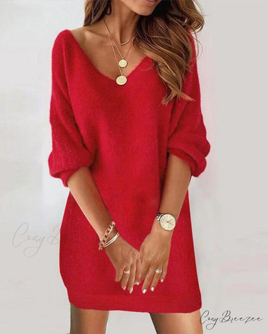 V-neck Sweater Dress Red / S