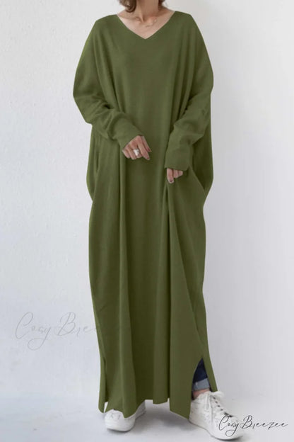 V Neck Sweatshirt Dress with Slit Hem Army Green / S