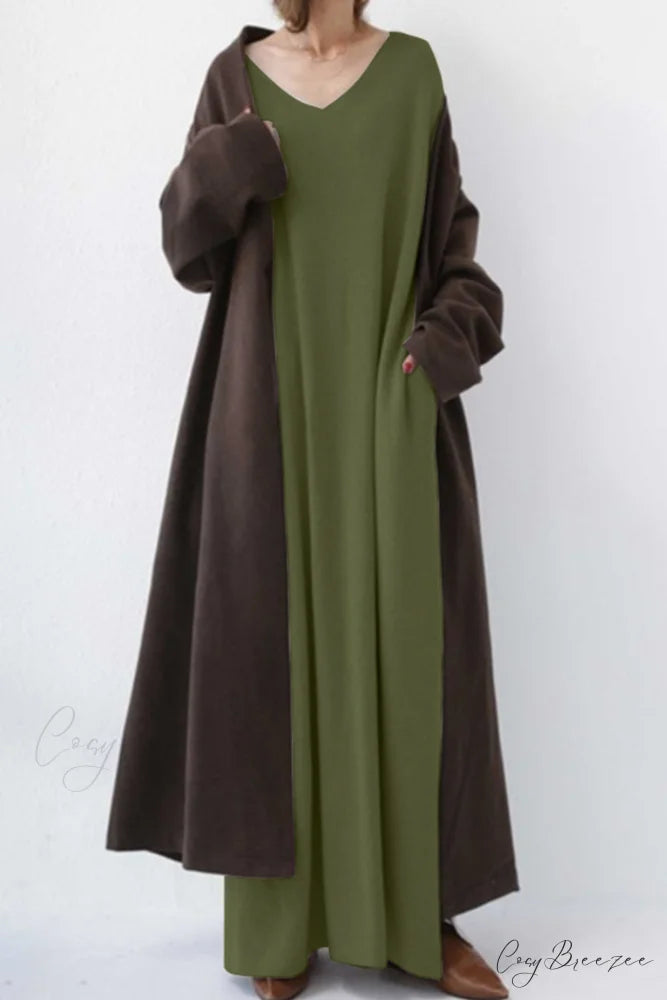V Neck Sweatshirt Dress with Slit Hem Army Green / XL