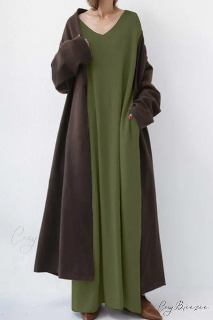 V Neck Sweatshirt Dress with Slit Hem Army Green / XL