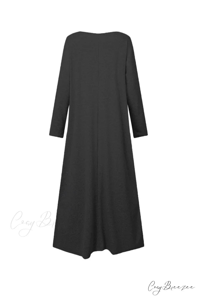 V Neck Sweatshirt Dress with Slit Hem Black / 4XL