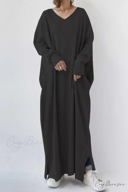V Neck Sweatshirt Dress with Slit Hem Black / S
