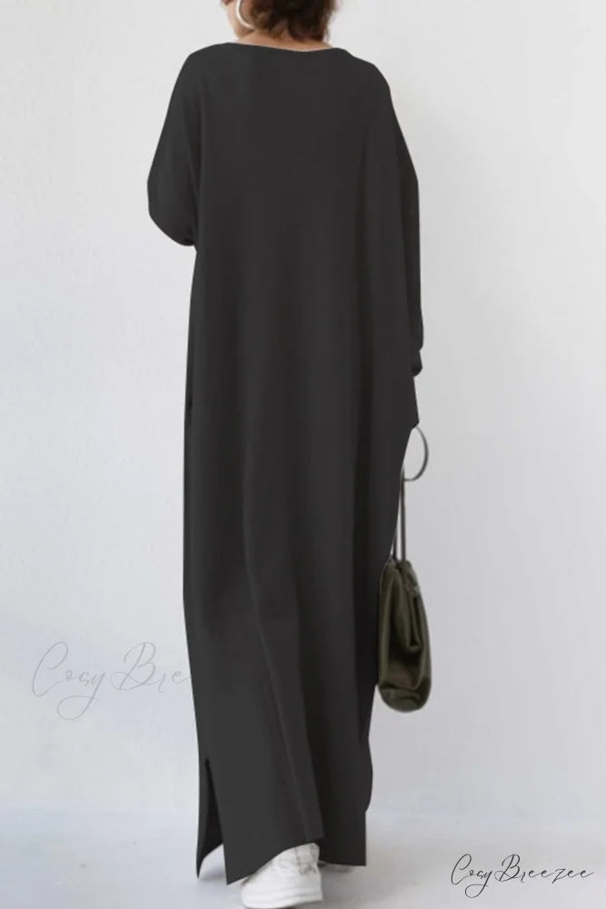 V Neck Sweatshirt Dress with Slit Hem Black / XL