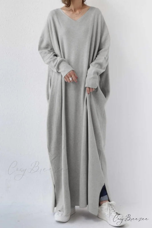 V Neck Sweatshirt Dress with Slit Hem Grey / S