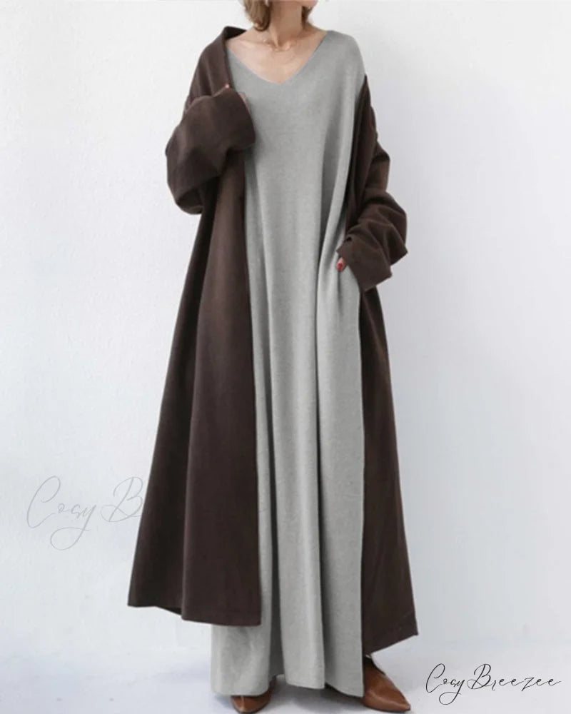 V Neck Swing Dress - Long Sleeve