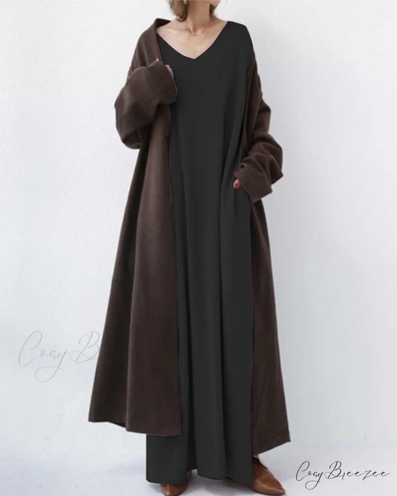 V Neck Swing Dress - Long Sleeve