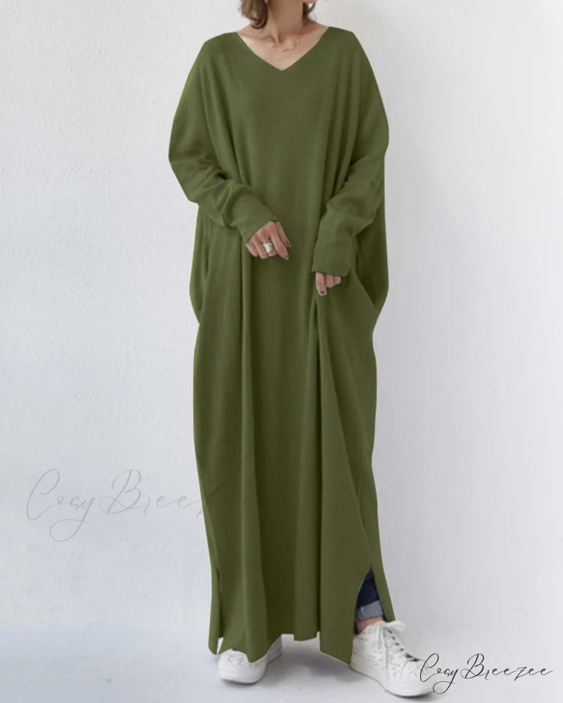 V Neck Swing Dress - Long Sleeve Army green / 3XL