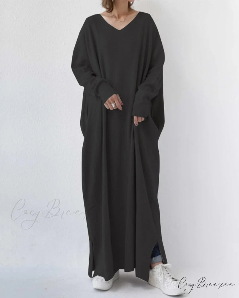 V Neck Swing Dress - Long Sleeve Black / M