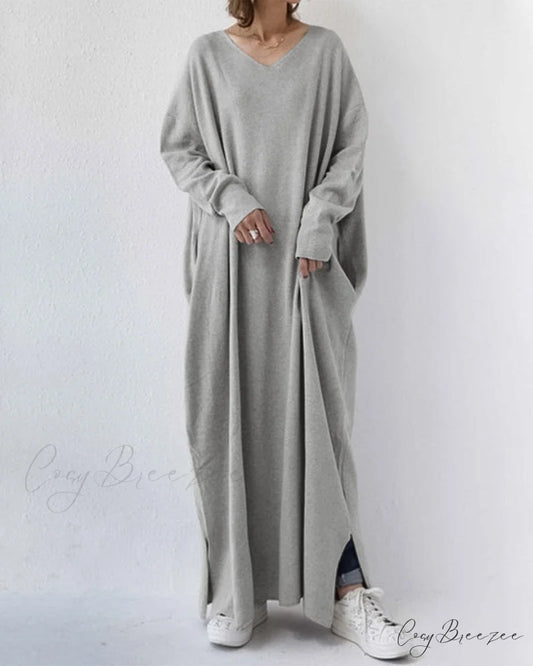 V Neck Swing Dress - Long Sleeve Gray / S