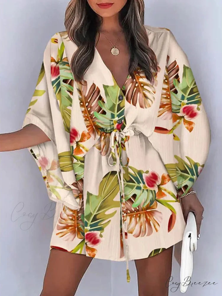 V-Neck Tie Printed Charming Batwing Sleeve Dress Khaki / S