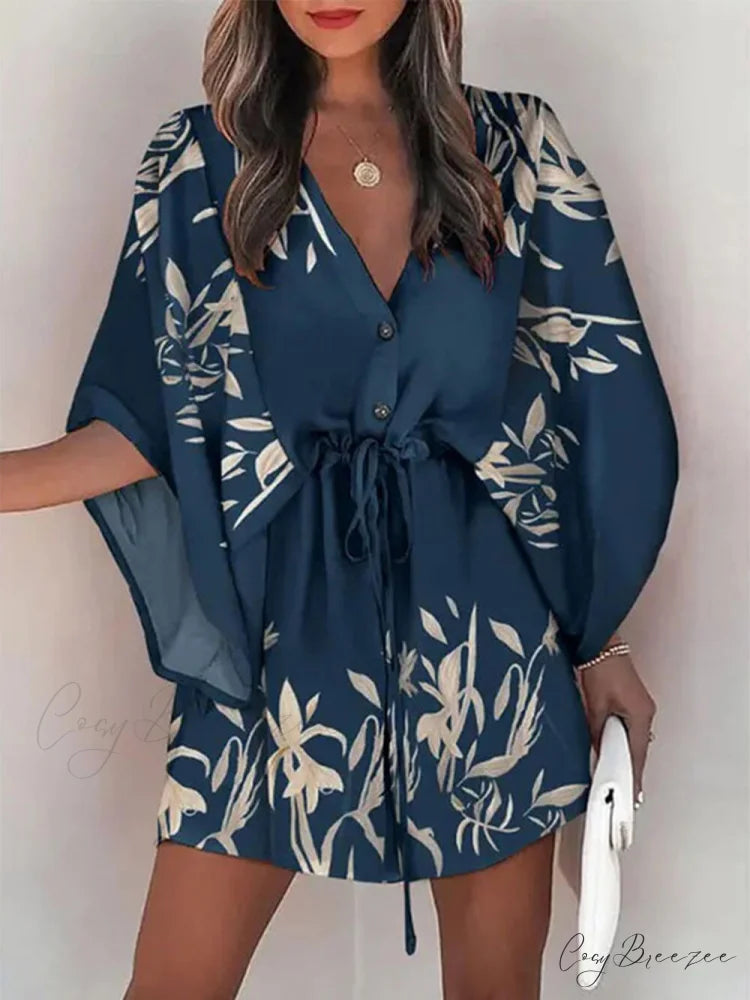 V-Neck Tie Printed Charming Batwing Sleeve Dress Navy blue / S