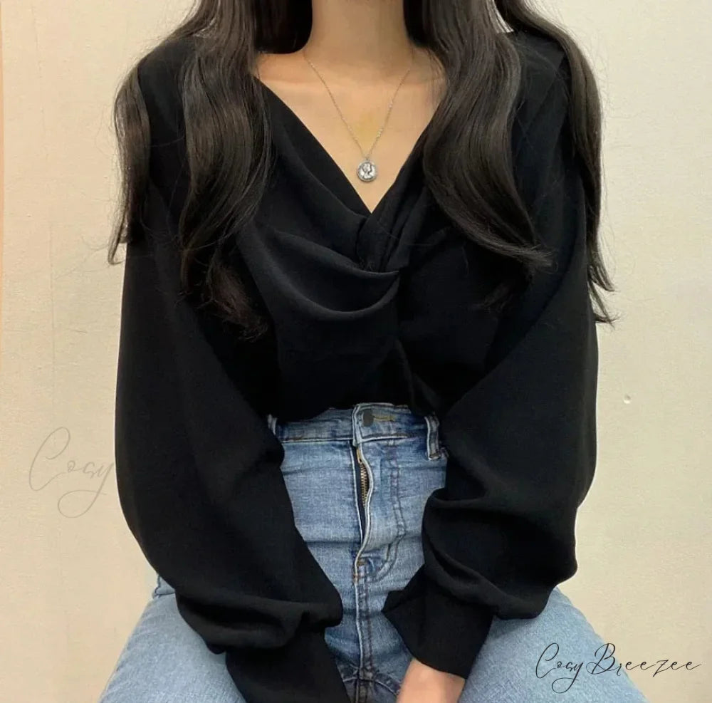 V-neck Twisted Lantern Sleeve Solid Casual Crop Top Black / One Size blouse-250126