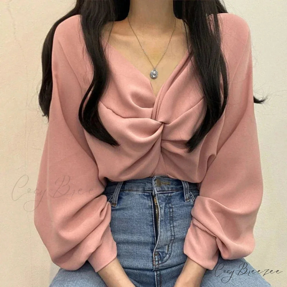 V-neck Twisted Lantern Sleeve Solid Casual Crop Top blouse-250126