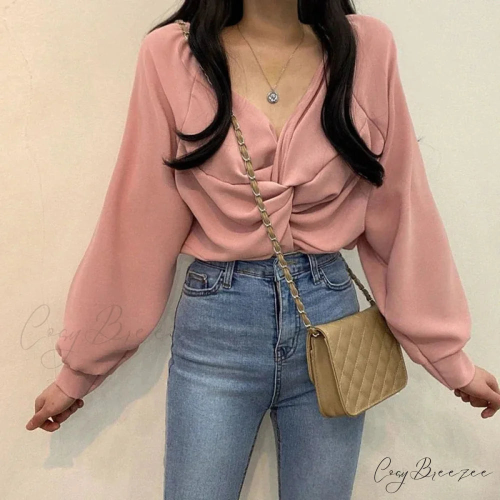 V-neck Twisted Lantern Sleeve Solid Casual Crop Top blouse-250126