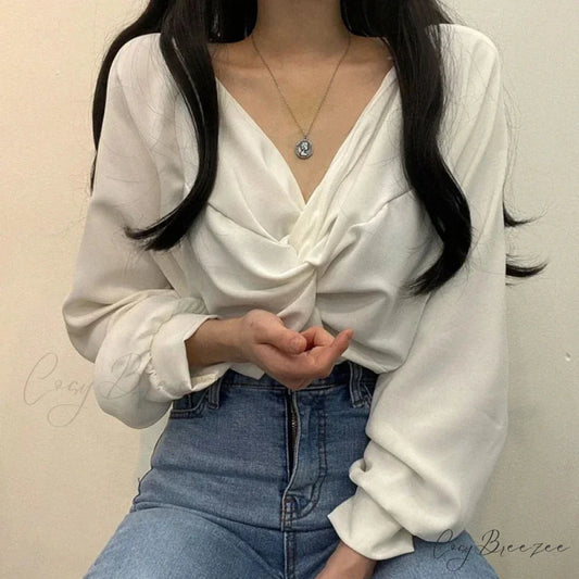 V-neck Twisted Lantern Sleeve Solid Casual Crop Top blouse-250126
