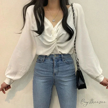 V-neck Twisted Lantern Sleeve Solid Casual Crop Top blouse-250126