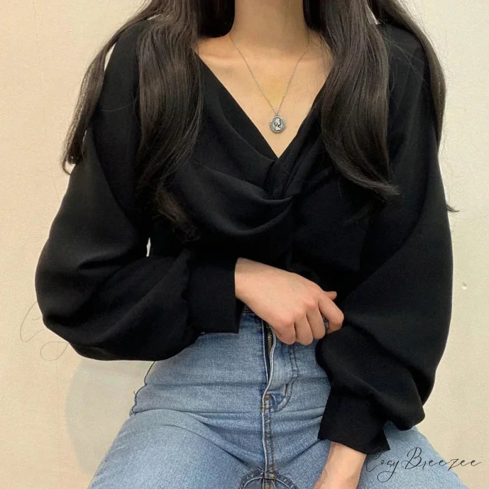 V-neck Twisted Lantern Sleeve Solid Casual Crop Top blouse-250126