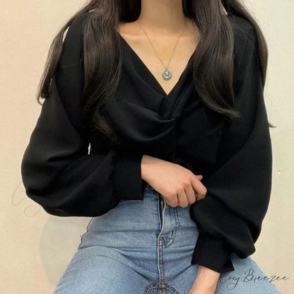 V-neck Twisted Lantern Sleeve Solid Casual Crop Top blouse-250126