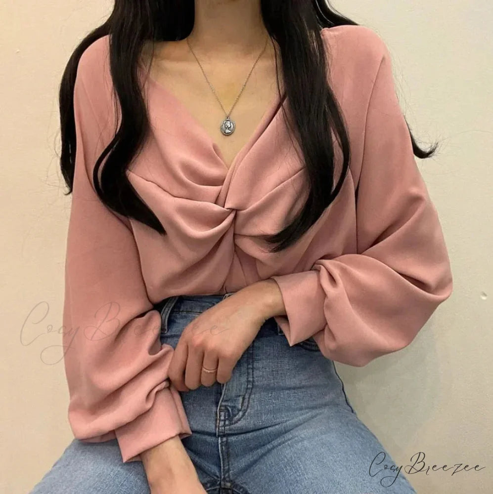 V-neck Twisted Lantern Sleeve Solid Casual Crop Top Pink / One Size blouse-250126