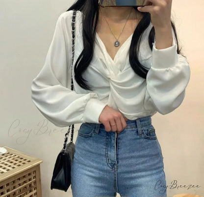 V-neck Twisted Lantern Sleeve Solid Casual Crop Top WHITE / One Size blouse-250126