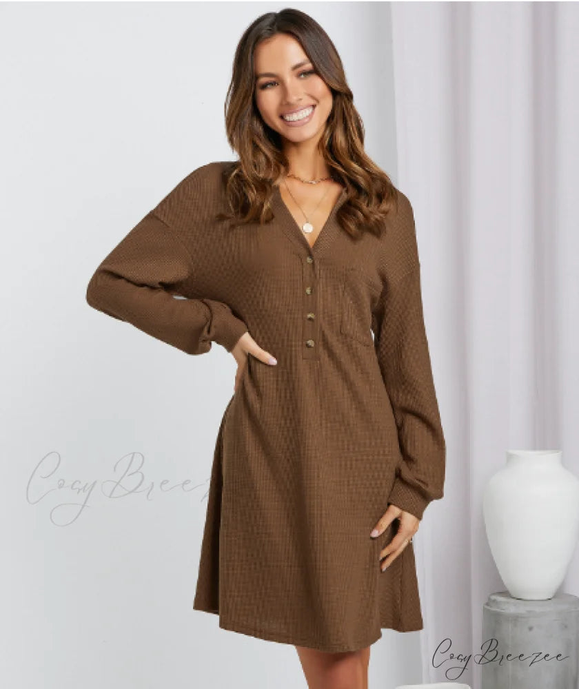 V-neck Waffle Shirt Skirt Loose Dress L / khaki