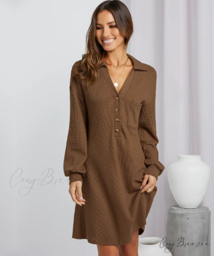 V-neck Waffle Shirt Skirt Loose Dress L / military green