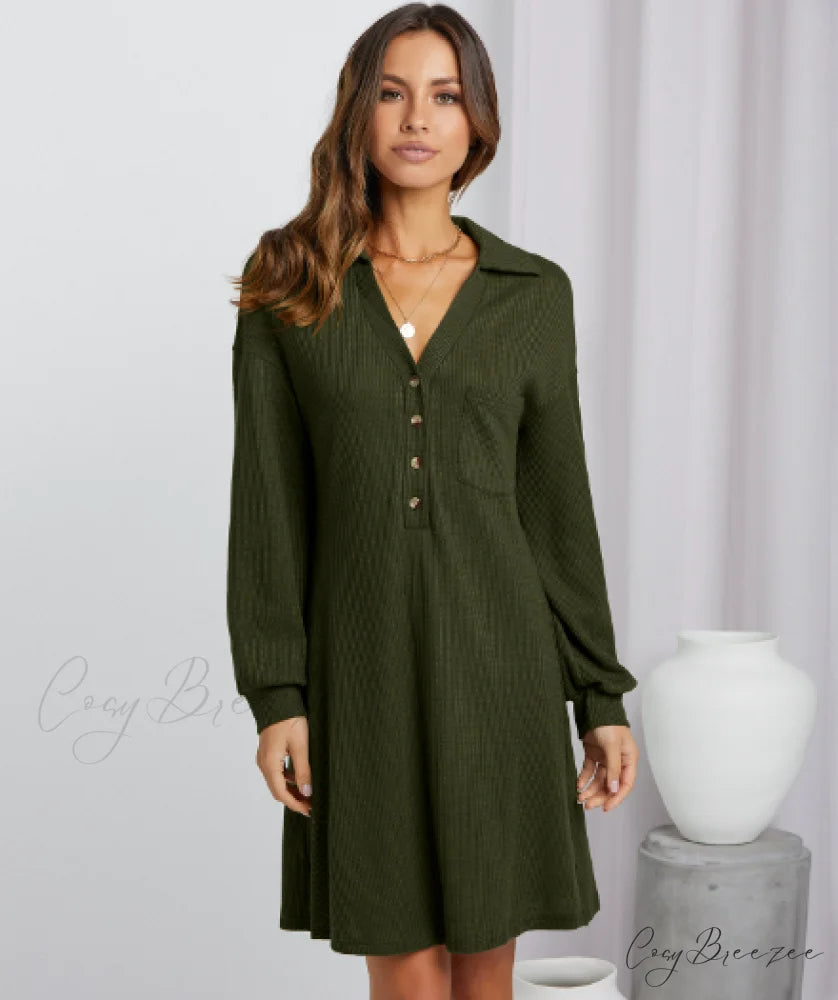 V-neck Waffle Shirt Skirt Loose Dress M / military green