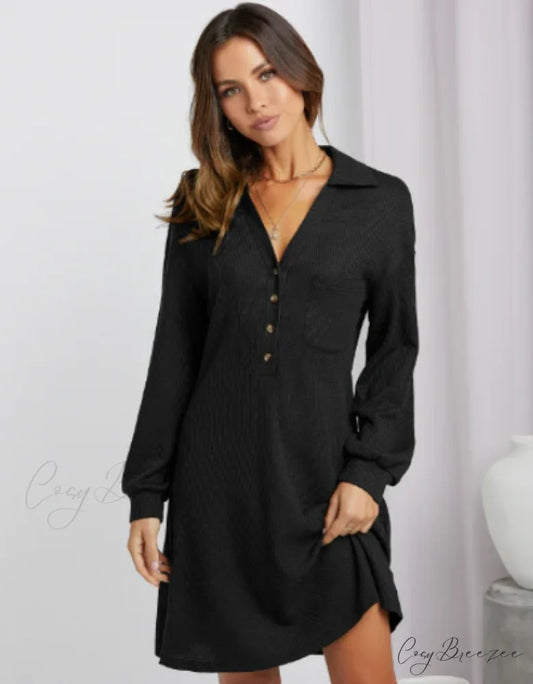 V-neck Waffle Shirt Skirt Loose Dress S / black
