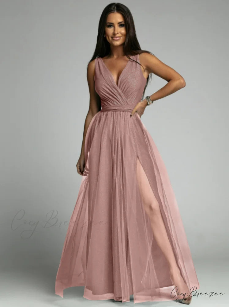 V-neck Waist Slim Split Big Swing Shiny Dress S / champagne.